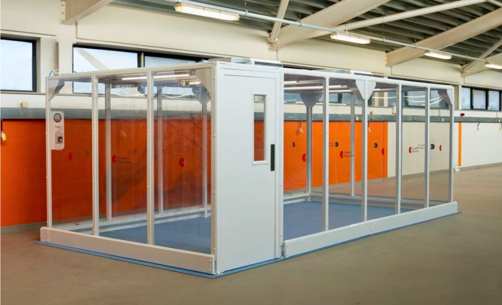 a white box with glass doors