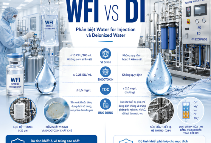 Feature Image Nước WFI vs DI Phân Biệt Water For Injection Và Deionized Water Trong Phòng Sạch, Dược Phẩm