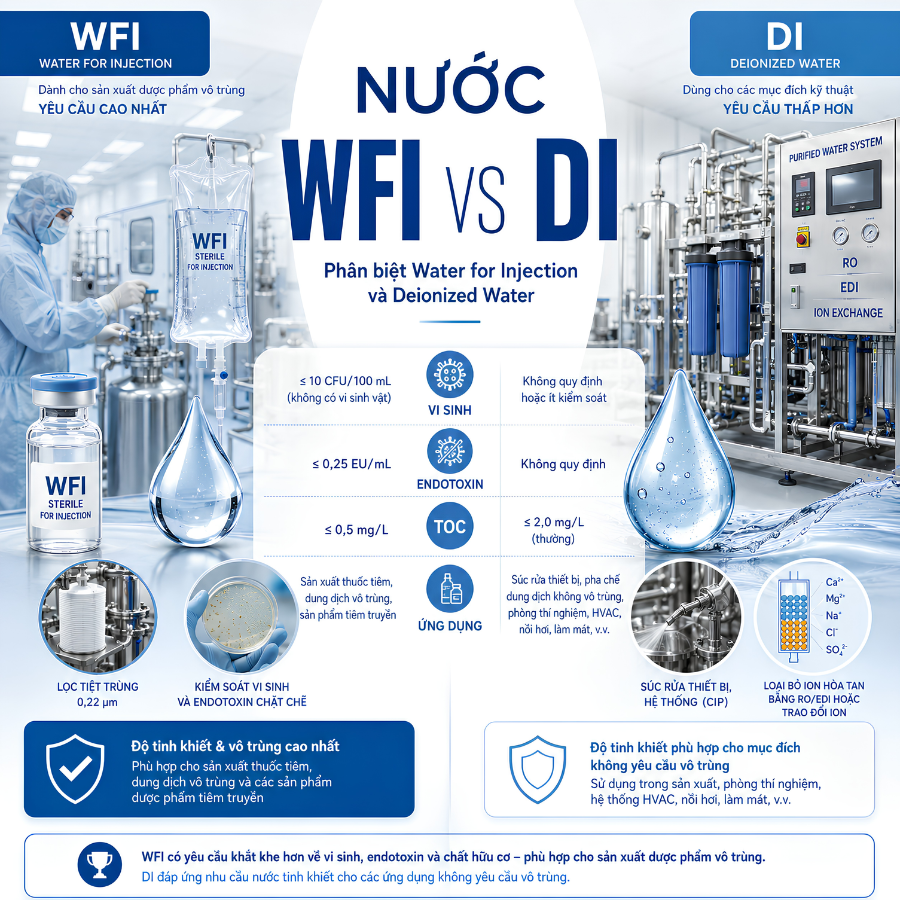 Feature Image Nước WFI vs DI Phân Biệt Water For Injection Và Deionized Water Trong Phòng Sạch, Dược Phẩm