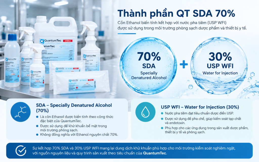 Sơ đồ thành phần QT 70 SDA gồm 70% cồn biến tính và 30% USP WFI