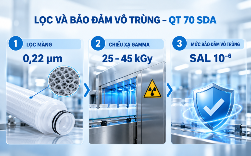 Sơ đồ lọc màng 0,22 µm, chiếu xạ Gamma 25–45 kGy và mức bảo đảm vô trùng SAL 10⁻⁶ của QT 70 SDA
